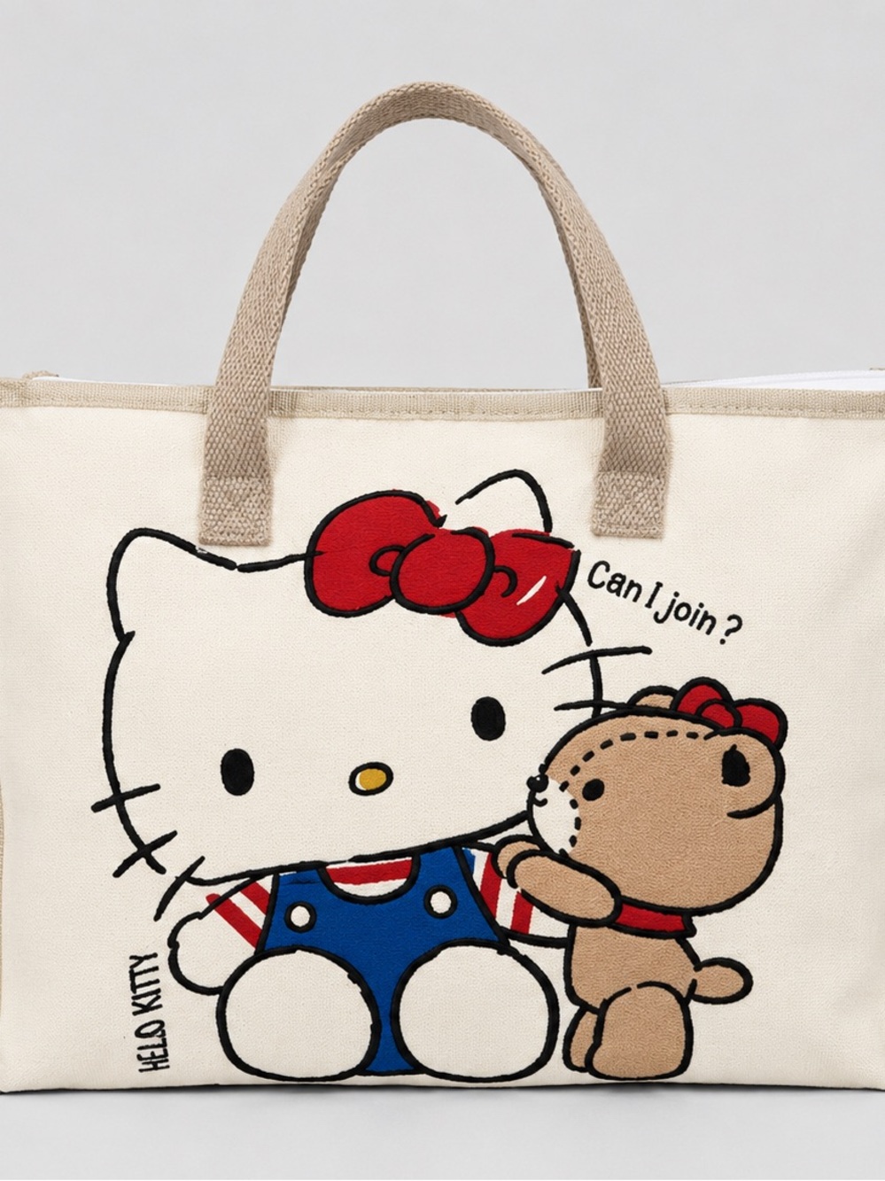 Hello Kitty inspired Cream Canvas Tote with Red, Blue and Brown Accents